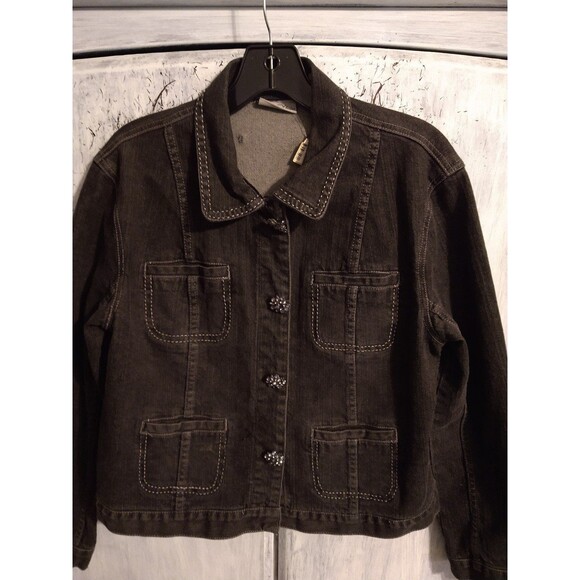 Chico's denim rhinestone flowered Jacket Sz 1 Black classic Boho Feminine - Picture 1 of 7